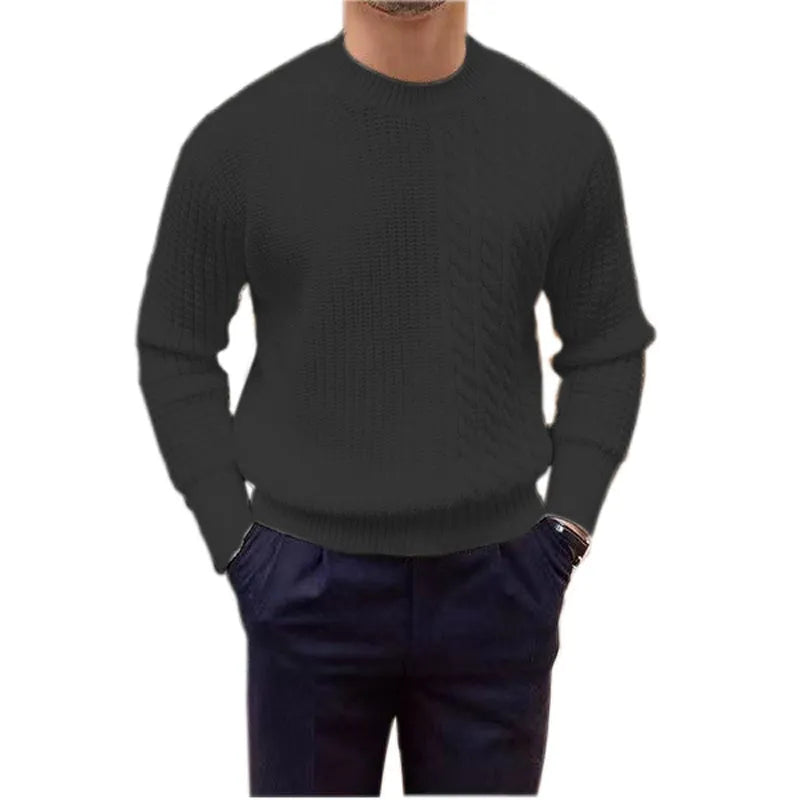 Men's coarse yarn knitted pullover sweater with twisted string design, available in white, black, wine red, khaki, green, and pink.