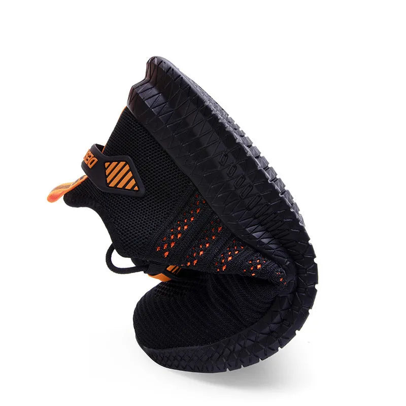 Men's steel toe work safety shoes breathable fly woven mesh low top black orange
