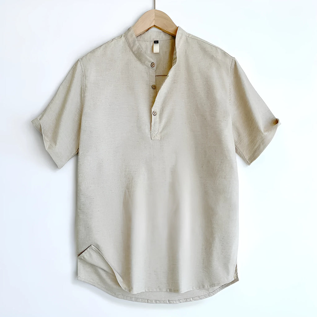 Men's solid colour short sleeve linen blend t-shirt in grey green on a hanger