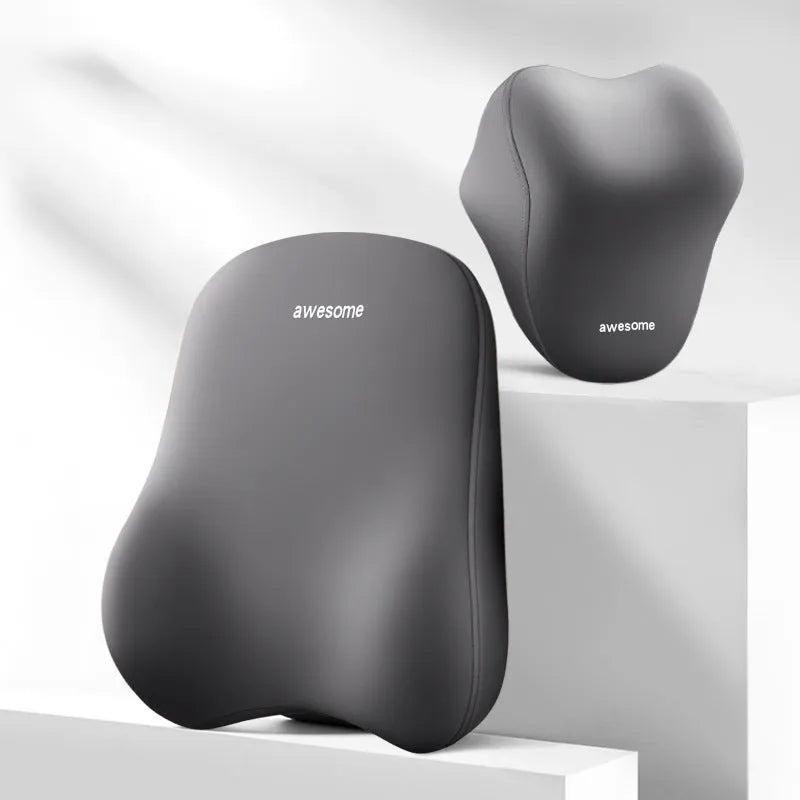 Automotive headrest and lumbar support pillow set in beige, black, and grey colour options
