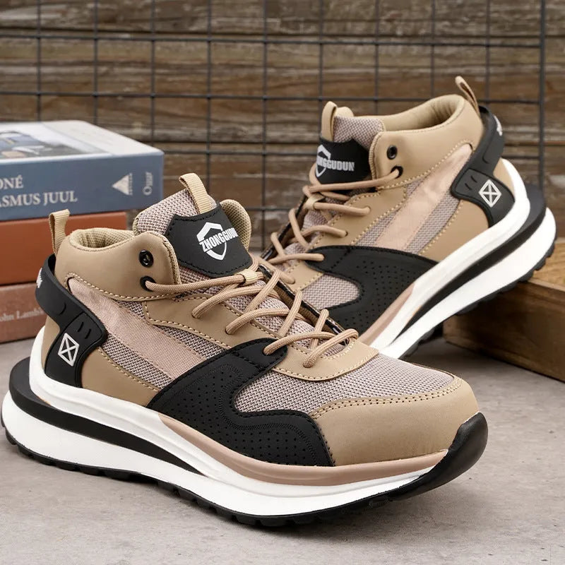 Anti-smashing steel toe cap labour protection shoes with flat knitted upper on construction site