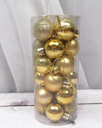 Assortment of 3cm shiny matte Christmas ball decorations in gold, red, silver, blue, and pink colours.