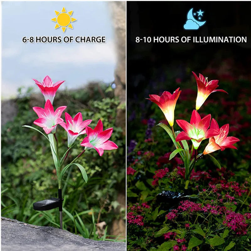 Solar lily flower light with silk cloth head, colour-changing LEDs, and stainless steel stake in a garden setting