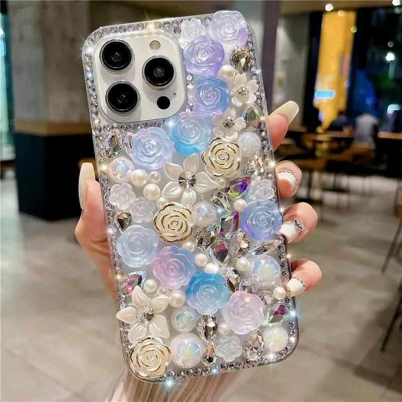 Diamond rose flower TPU phone case for iPhone 15 Pro Max in purple rose, showing anti-fall and anti-fingerprint design