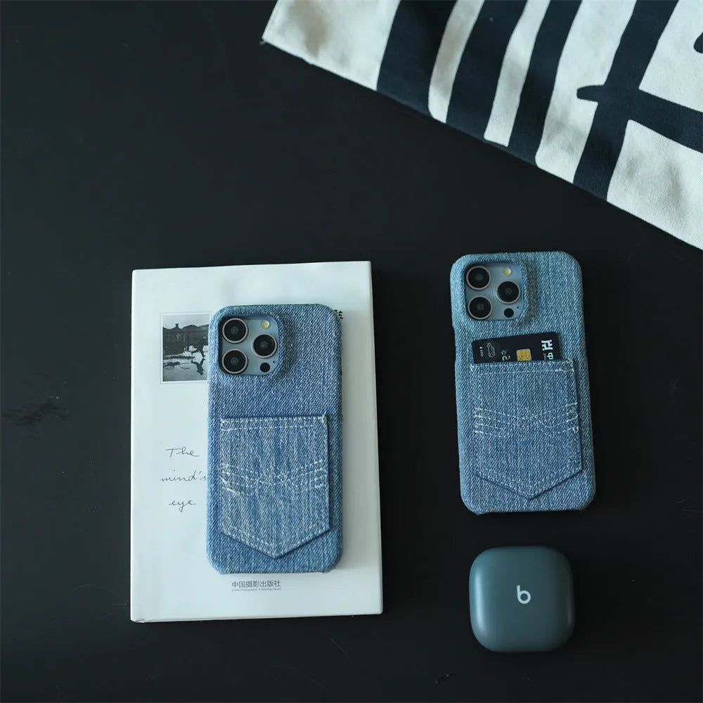 Denim card oil edge TPU phone case with magnetic suction for iPhone, showing animal and rhinestone accents on back