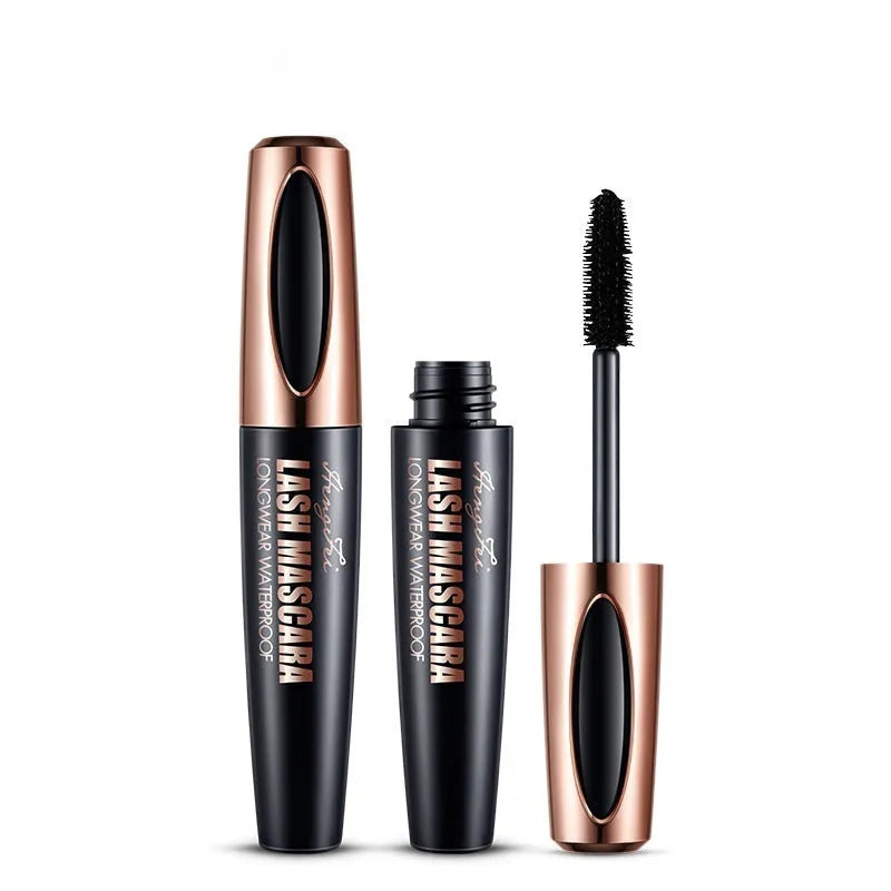 Black waterproof and sweat-proof mascara tube for thick, long, curled lashes that resist smudging.