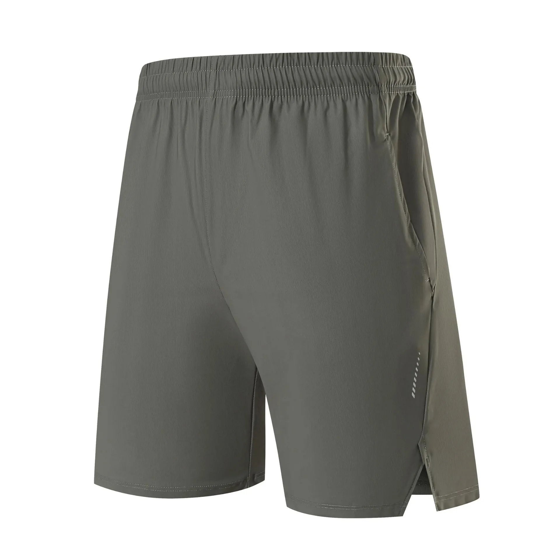 Man wearing grey ice silk nylon sports shorts with a mid-rise waistband.