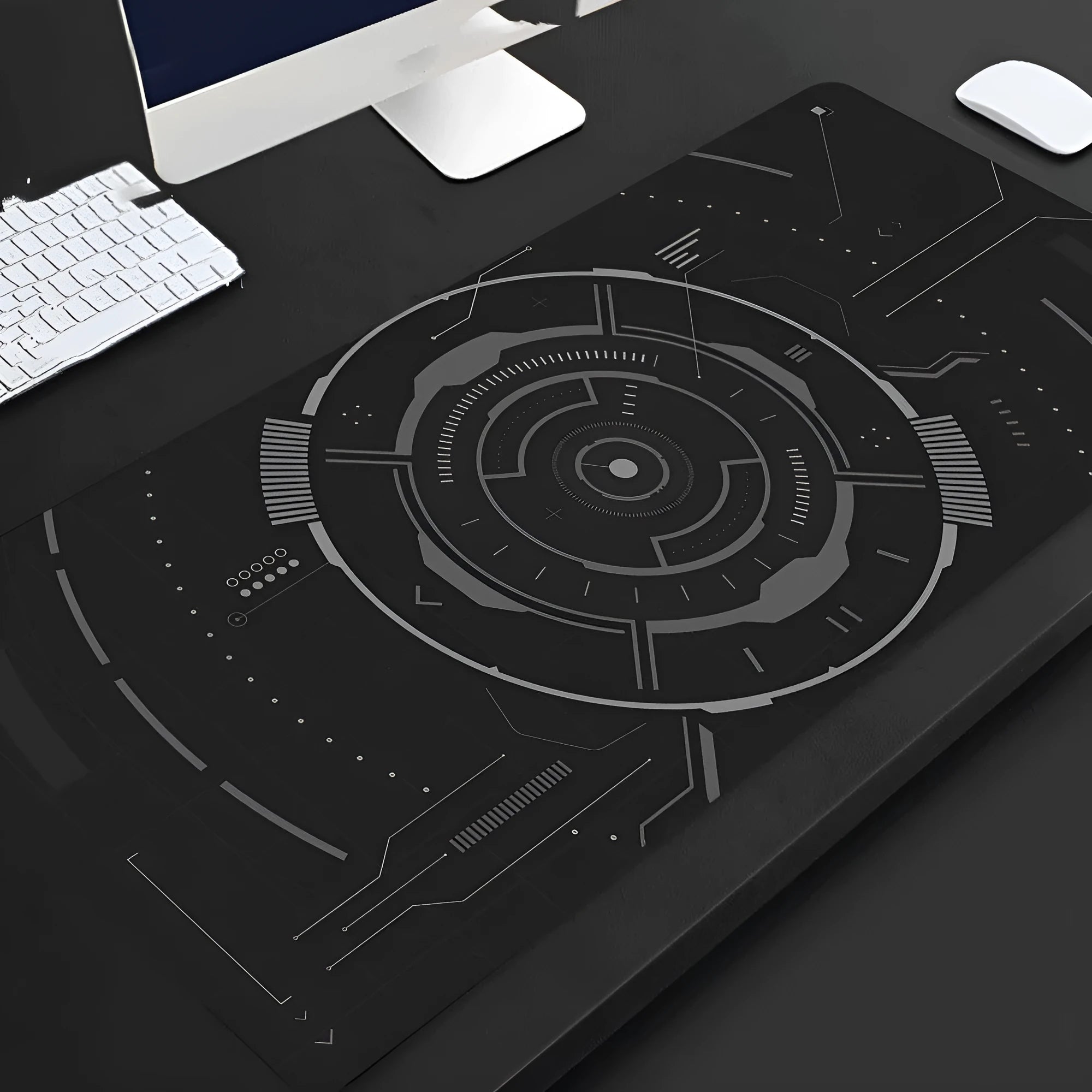Full black extended extra long rubber mouse pad on desk for gaming and office use