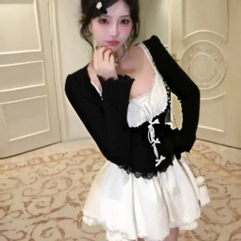 Women's princess style suspender dress suit with lace details, knitted blouse and skirt two-piece set in autumn colours