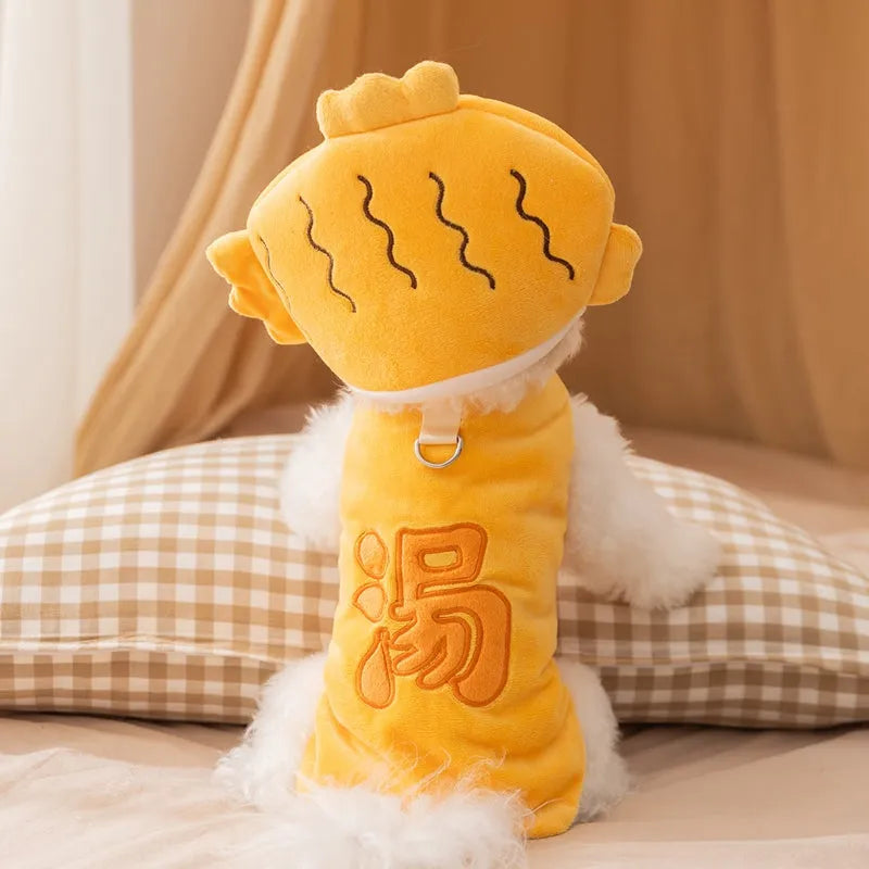Yellow onsen fish pet costume with fish-shaped hat and vest on a dog with leash ring