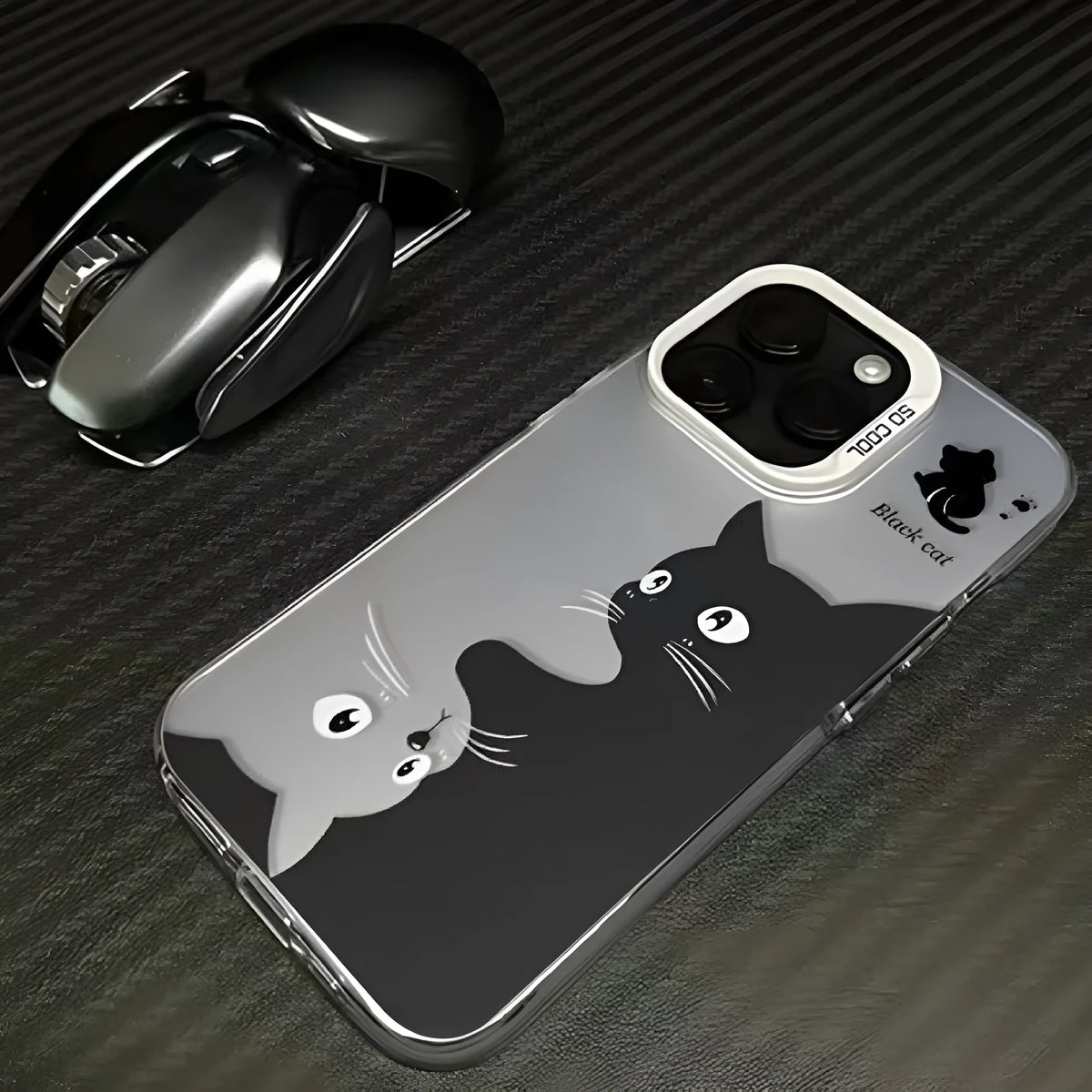 Cute black cat hard shell PC phone case for Apple iPhone 16 Pro Max, back view, anti-fingerprint coating