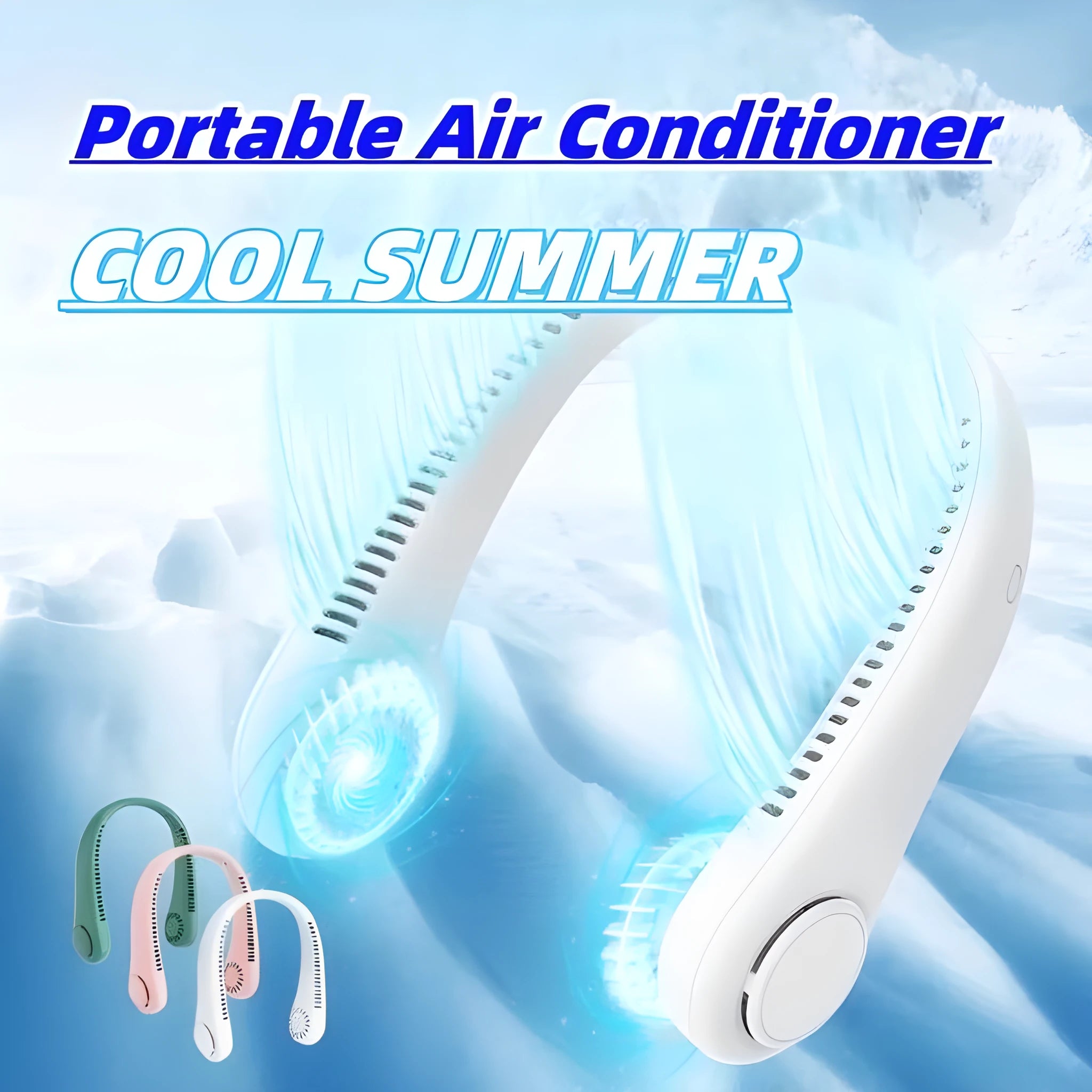 A white rechargeable bladeless neck fan hanging around a person's neck, showing its compact, hands-free design.