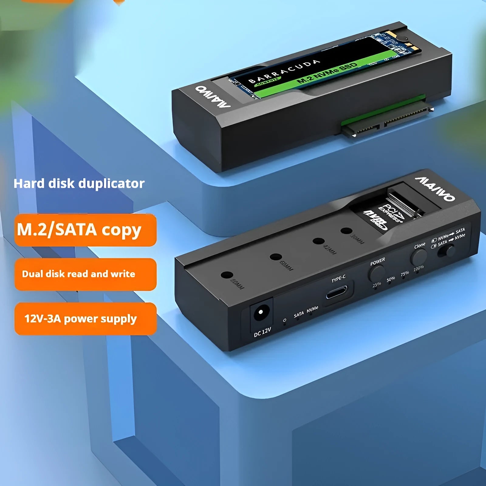External SSD hard drive enclosure with ABS plastic case showing multiple power specification options