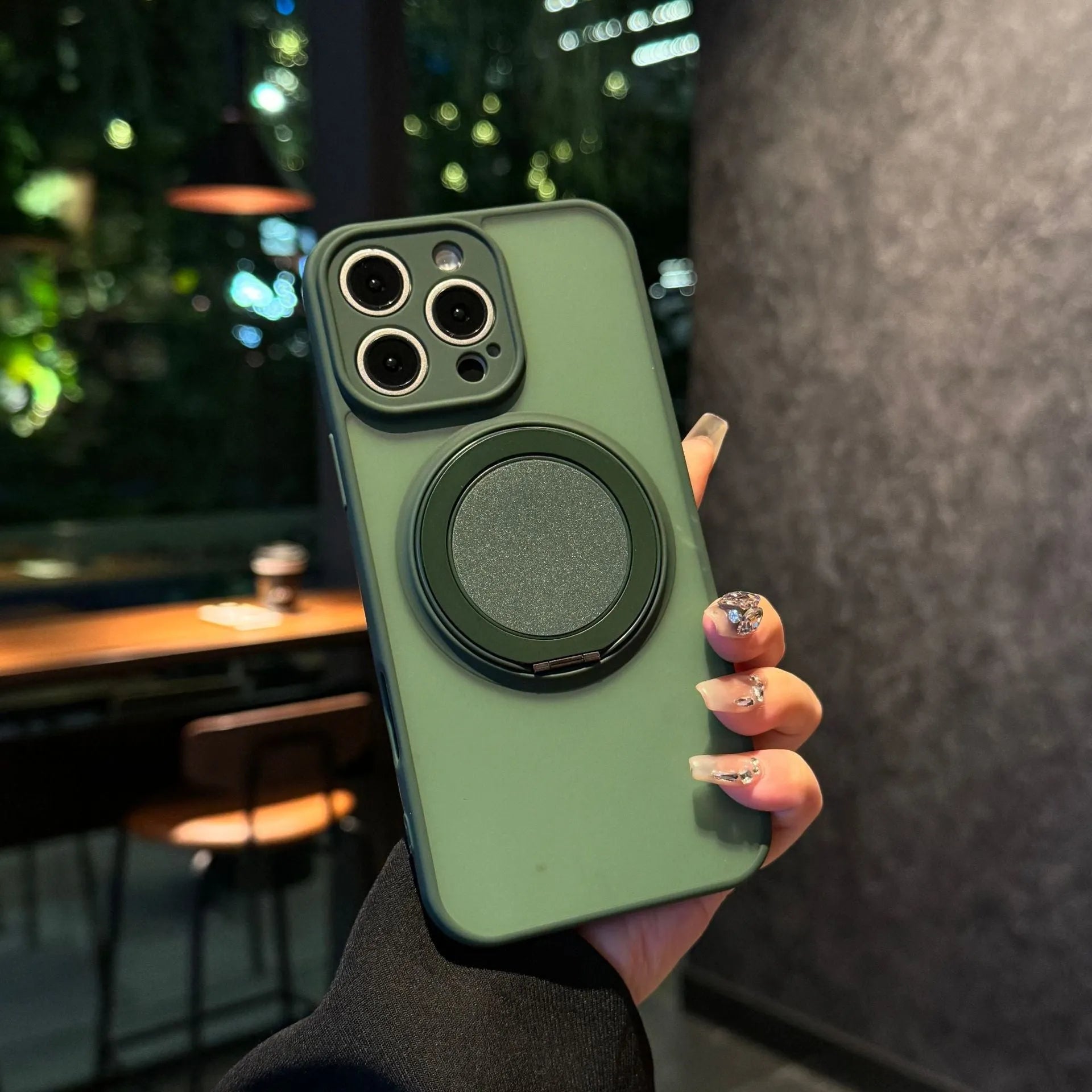 Frosted magnetic rotating bracket phone case for iPhone 17 in multiple colour options showing bracket extended