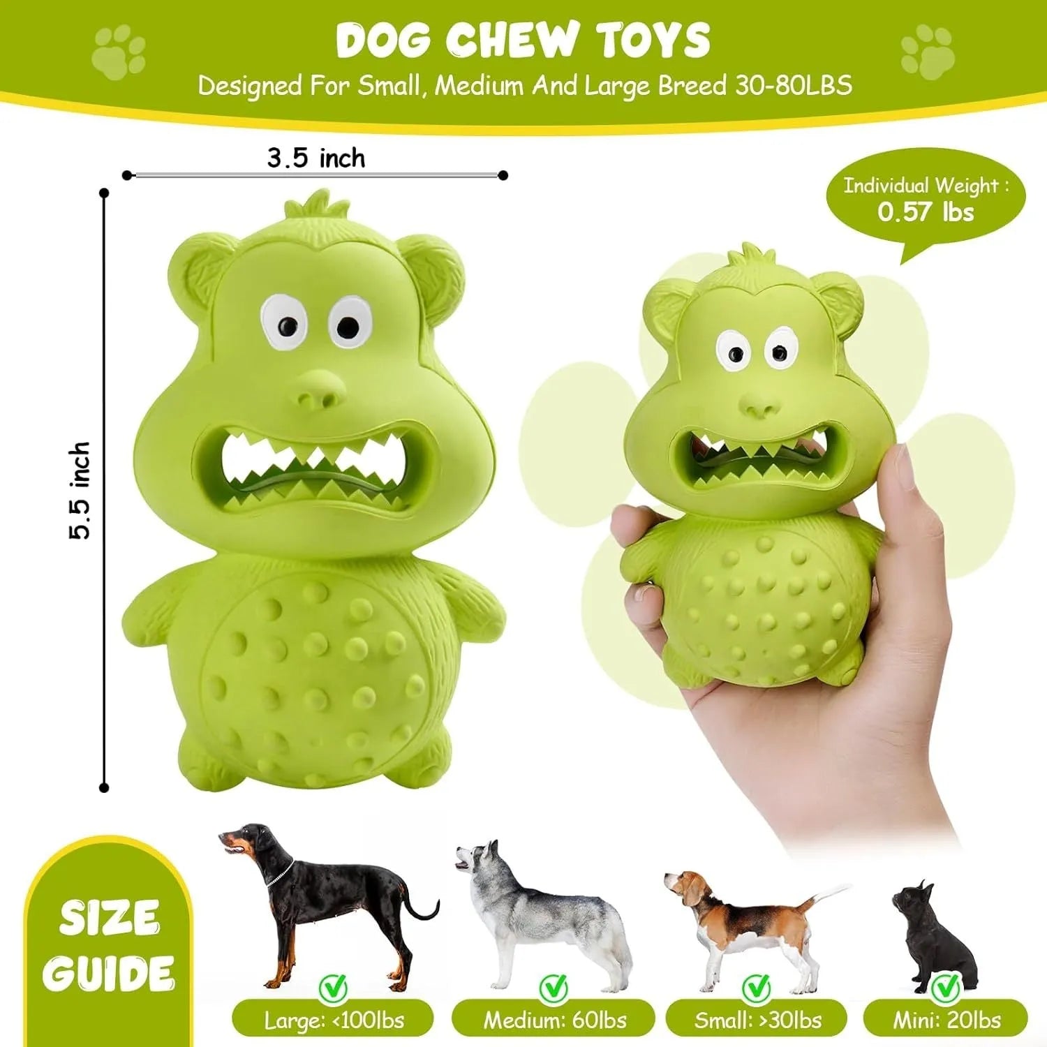 Green and yellow thick natural rubber dog chew toy for aggressive chewers with squeaker.