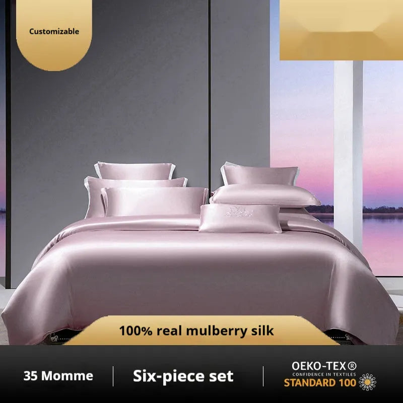 A silk four-piece quilt cover set in a solid colour, shown on a bed with matching sheets.