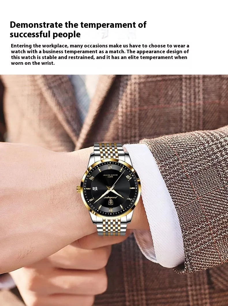 Men's quartz watch with waterproof luminous display and calendar, 41mm precision steel case, mineral reinforced mirror