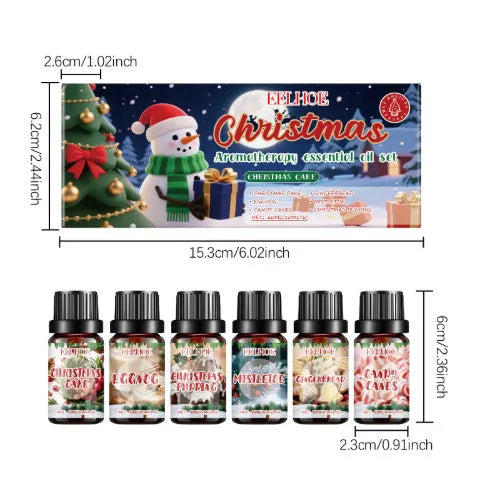 Christmas aromatherapy oil set showing six bottles with holiday scents for home fragrance