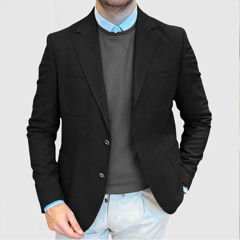 Men's cotton tailored suit jacket in loose retro fit with solid colour design