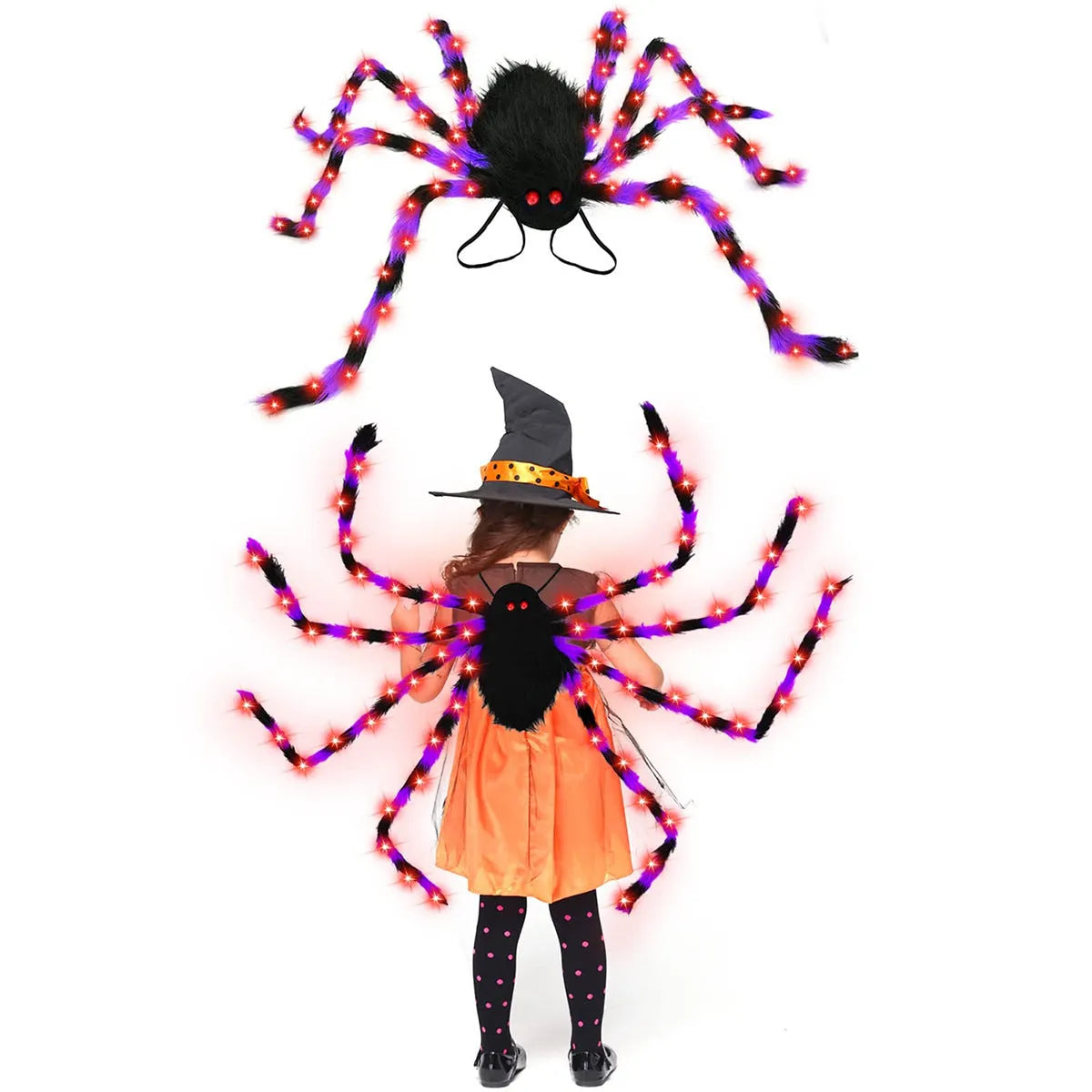 Halloween spider backpack with LED lights in plush sugar bag design