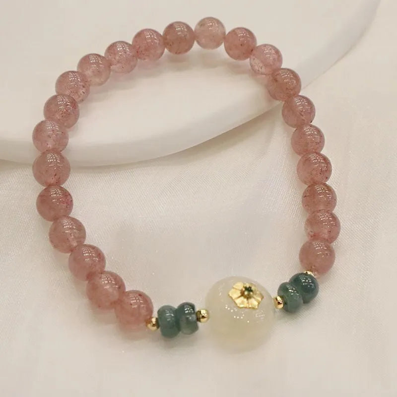 Strawberry quartz and blue water emerald bracelet with geometric diamond shapes and traditional Chinese design elements