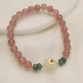 Strawberry quartz and blue water emerald bracelet with geometric diamond shapes and traditional Chinese design elements