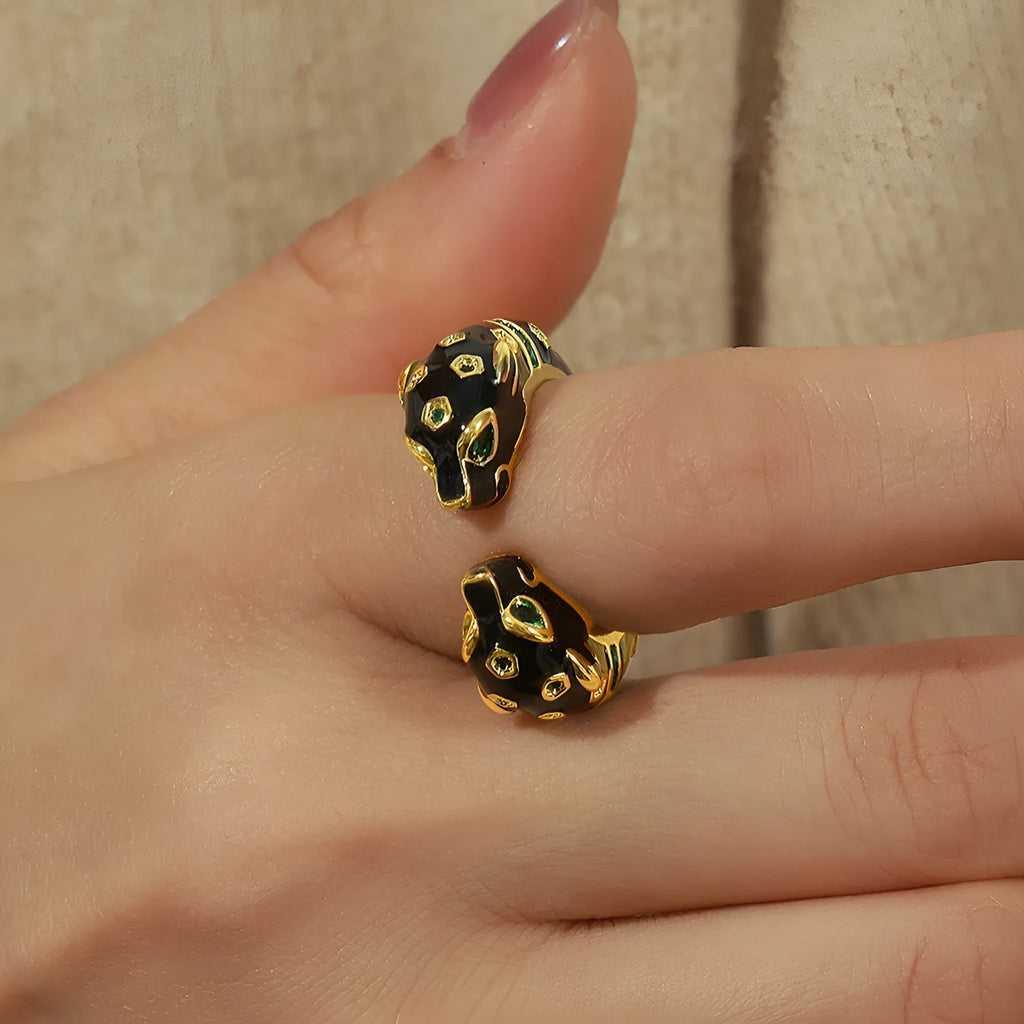 Women's geometric copper ring with electroplated black cheetah pattern design