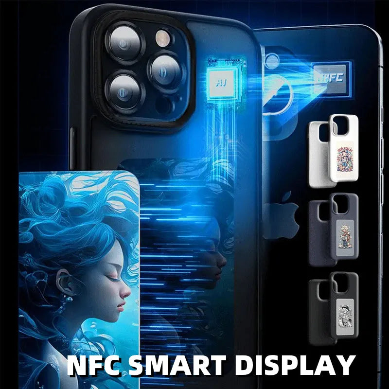 E-ink phone case for Apple iPhone with NFC screen projection displayed in black TPU, showing a custom image on the e-ink screen