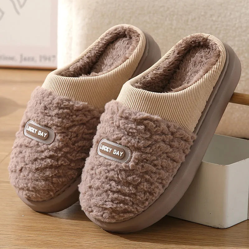 Men's plaid pattern winter slippers with thick sole and wool lining in brown colour