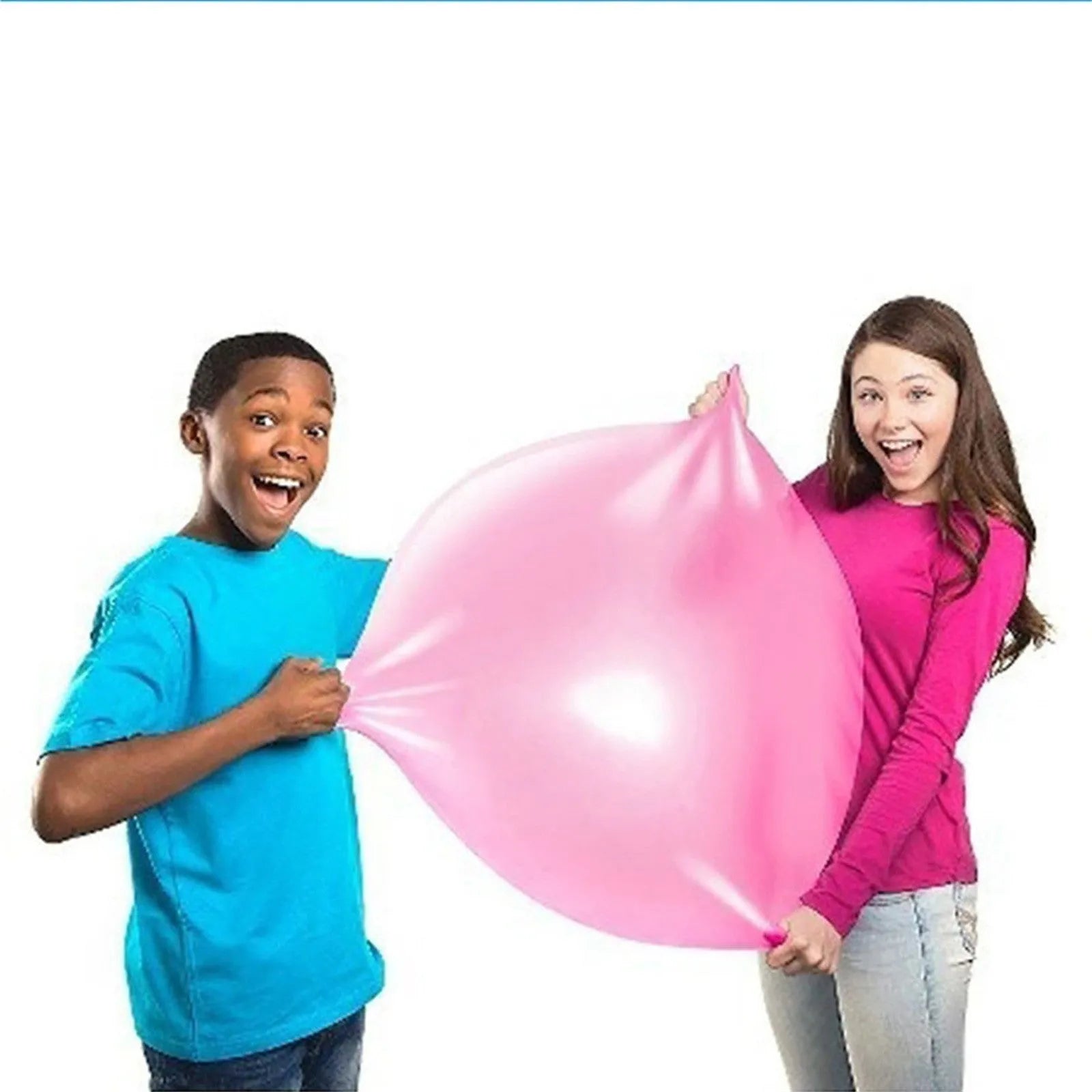 TPR inflatable ball toy in pink, yellow, green, and blue colours showing 40cm to 120cm size range