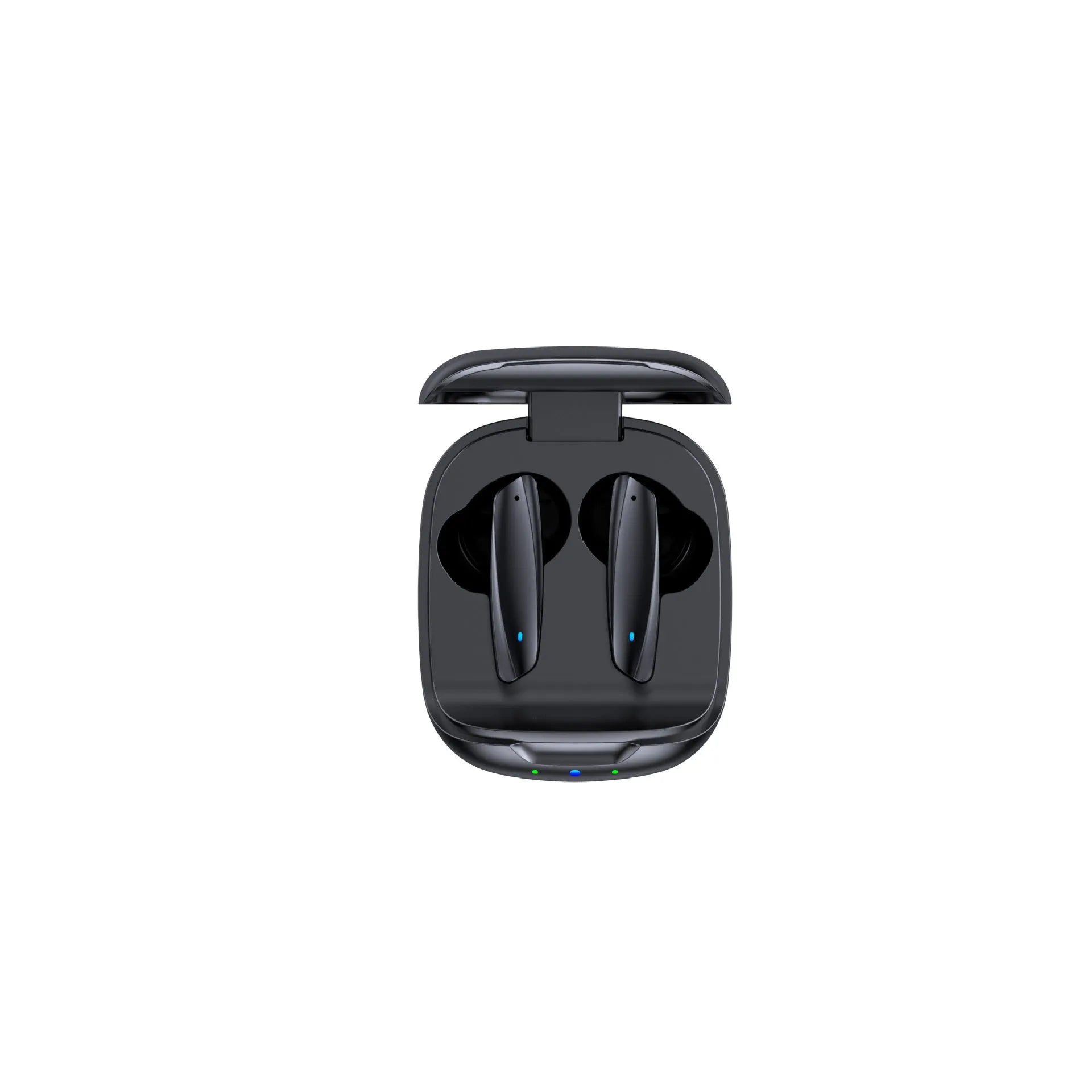 Black and white TWS Bluetooth 5.1 in-ear headphones with charging case and USB cable on a table.