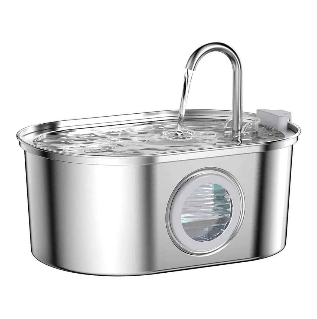 Stainless steel pet water dispenser with large 4-litre tank and selectable water outlet design