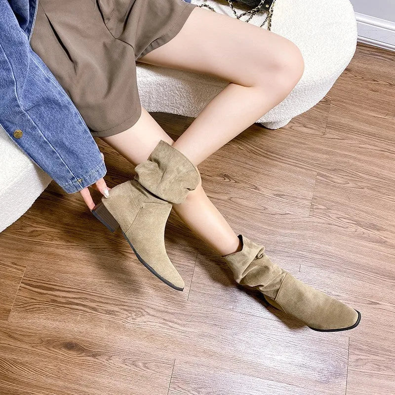 Women's pointed toe retro suede over-the-knee boots with low thick heel in black colour