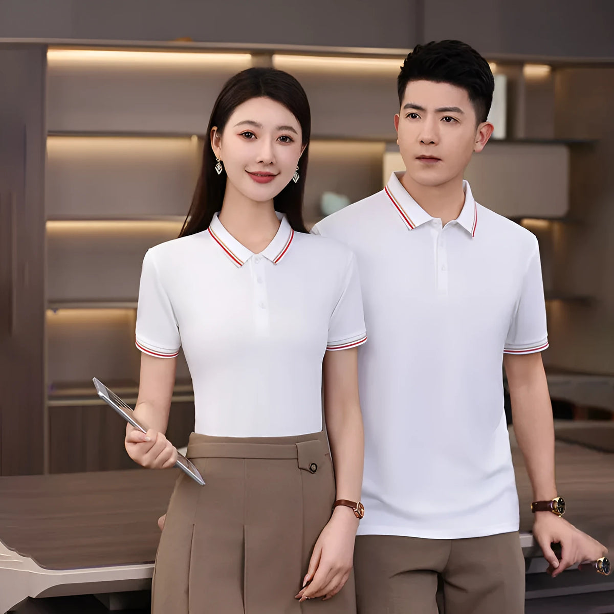 Men's summer ice silk beaded polo shirt in slim fit, white, long sleeves, polyester spandex blend
