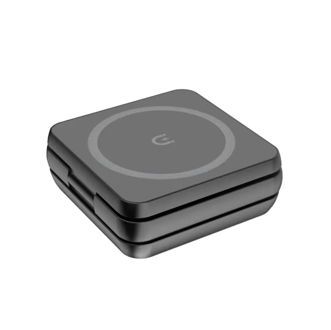 Folding three-in-one wireless charger with magnetic suction in white, showing phone charging on stand