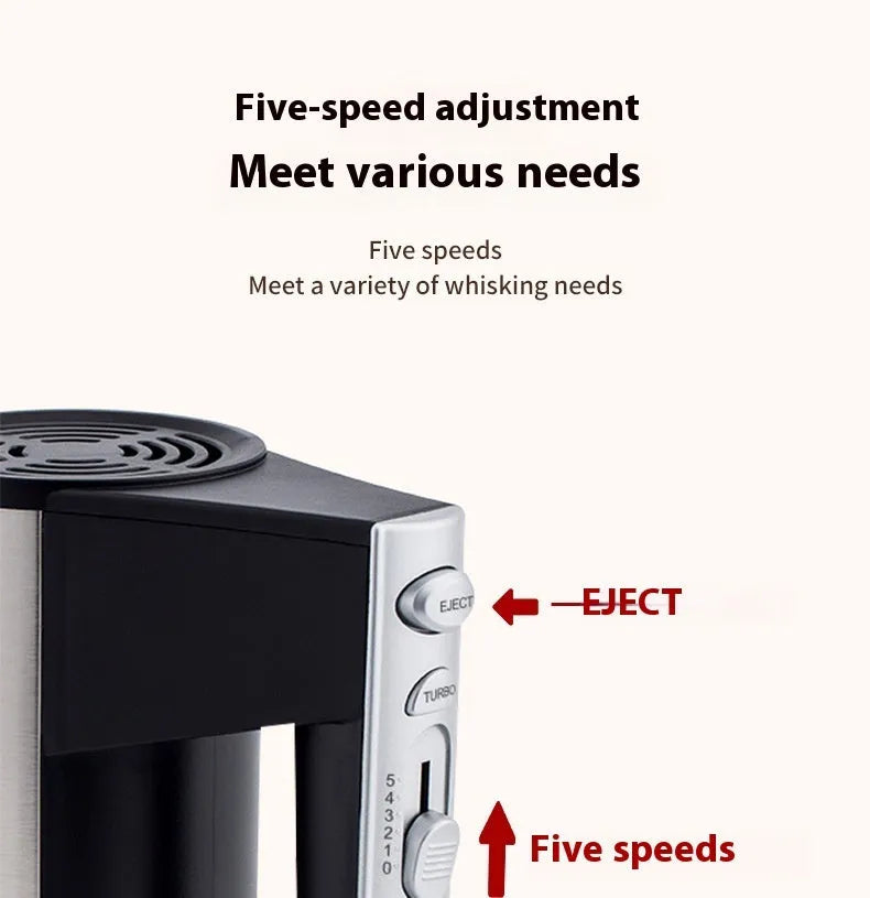 White electric handheld mixer with five-speed control buttons