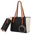 Fashion large capacity three-in-one PU Saffiano bag set in khaki with contrast colour details and double shoulder straps