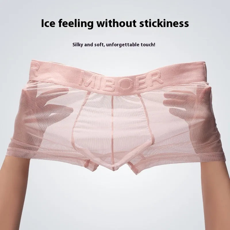 Men's thin invisible boxer shorts in quick-drying polyester fabric on a colour swatch showing black, white, blue, green, pink, and beige.