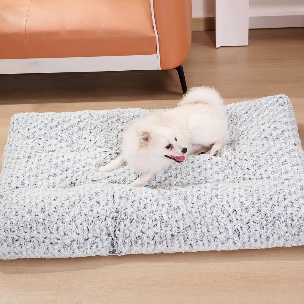 Thickened rose velvet dog bed in grey with cotton filling, machine washable, multiple sizes available