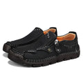 Plus size men's perforated PU leather casual shoes in black, low top slip-on design with leather sole