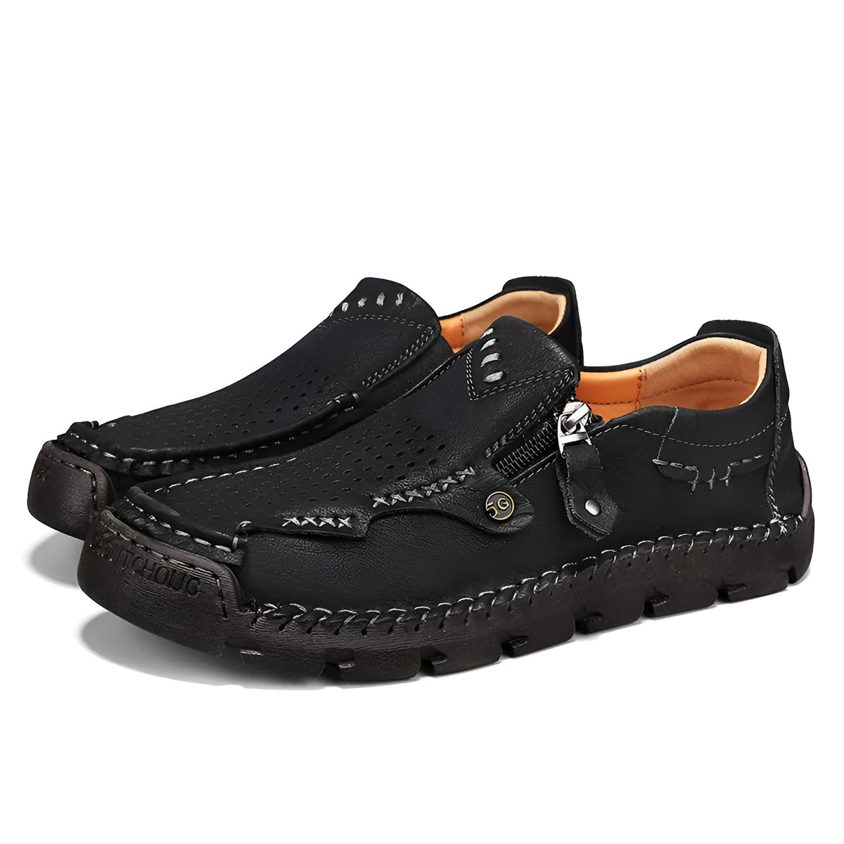 Plus size men's perforated PU leather casual shoes in black, low top slip-on design with leather sole