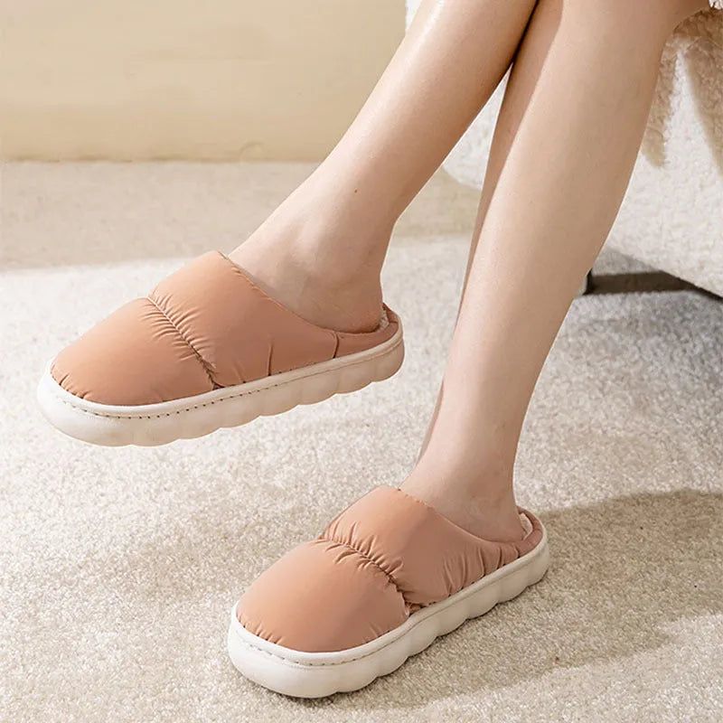 Winter indoor slippers with artificial leather upper, rubber anti-slip sole, and plush lining
