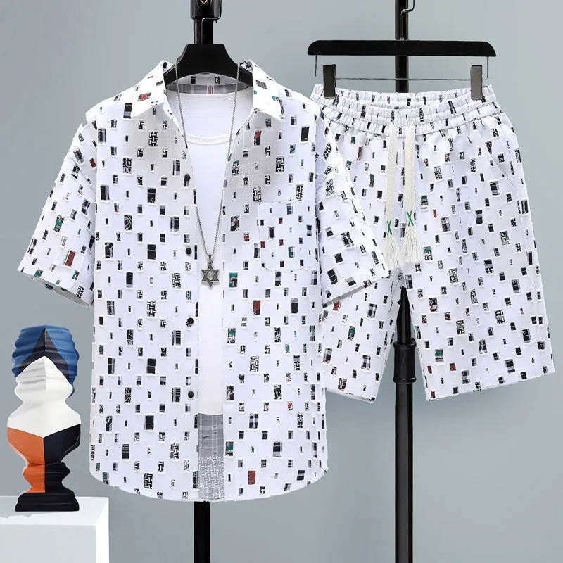 Men's casual polyester short sleeve top and matching shorts two-piece set in assorted colours