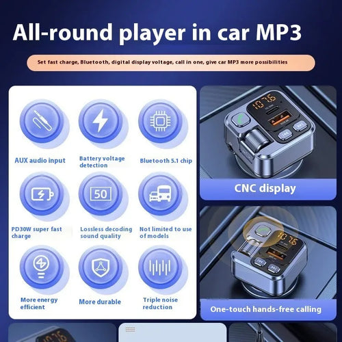 Car Bluetooth receiver and fast charger with LED display and USB-A and USB-C ports