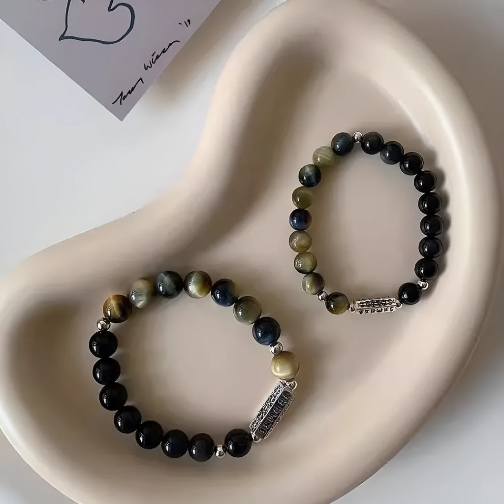 S925 sterling silver bracelet with Tigereye Obsidian beads and mantra engraving for men and women.