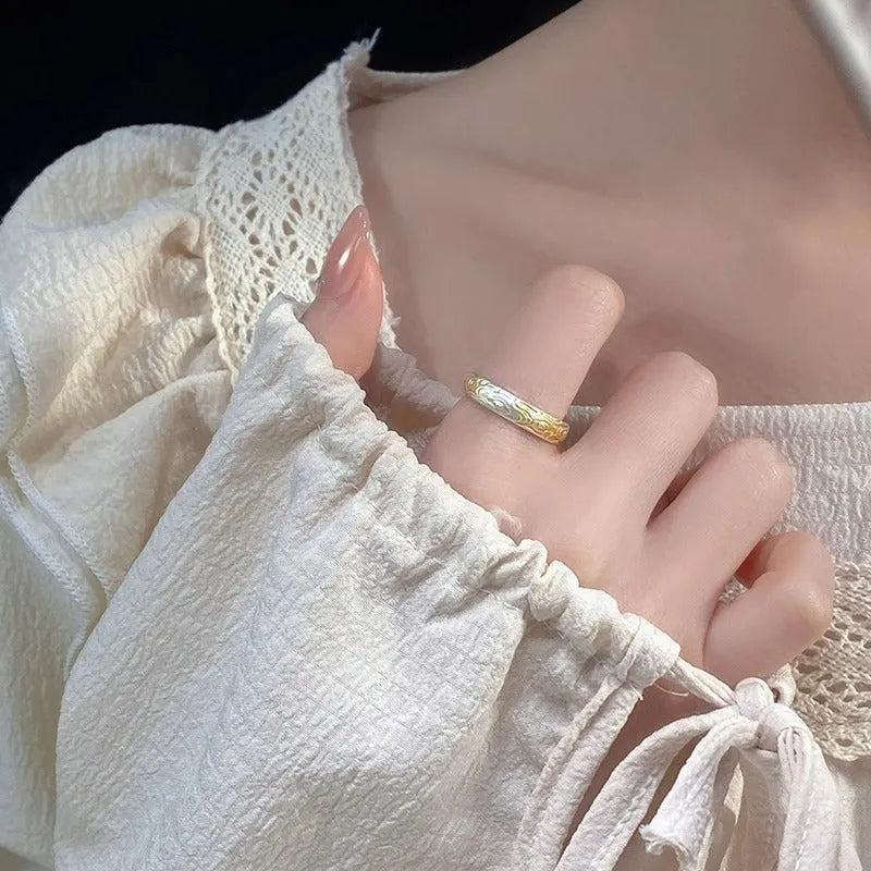 White copper open mouth ring with Xiangyun pattern and electroplated silver gold finish