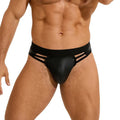 Black PU leather men's plus size sexy briefs on a model