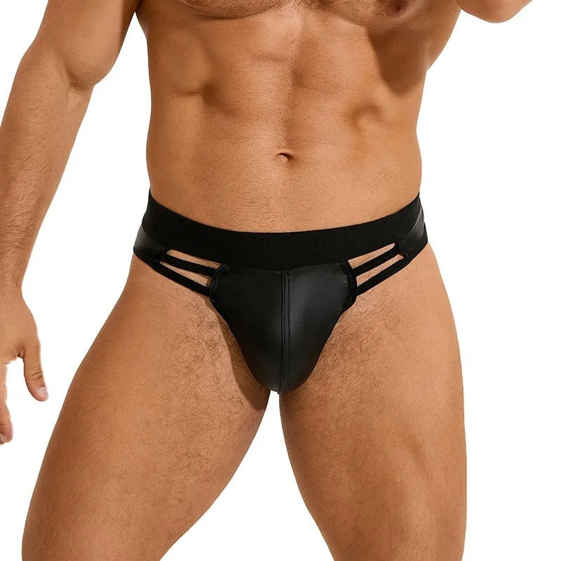 Black PU leather men's plus size sexy briefs on a model