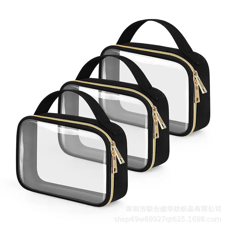 Transparent PVC cosmetic wash bag with chain handle showing visible lipstick storage