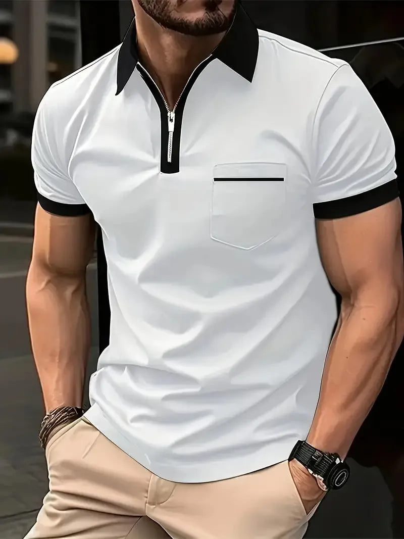 Men's casual short sleeve shirt with chest pocket and zip decoration in loose fit